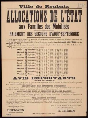 "Ville de Roubaix; Allocations De L'Etat aux Familles des Mobilisés. Paiement des Secours D'Août-Septembre" (Ankündigung von Auszahlungen an Angehörige von Mobilisierten)