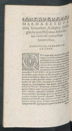 Marii Aretii Patricii Syracusani, Calipho dialogus, in quo Hispania describitur cum recentioribus nominibus.