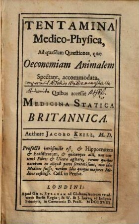 Tentamina Medico-Physica, Ad quasdam Quaestiones, quae Oeconomiam Animalem Spectant, accommodata