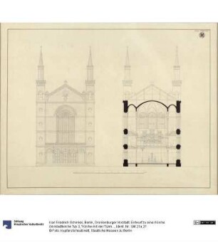 Berlin, Oranienburger Vorstadt. Entwurf zu einer Kirche (Vorstadtkirche Typ 3, "Kirche mit vier Türmen"). Fassadebaufriss und Querschnitt