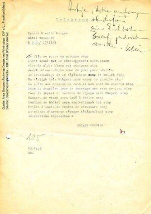 Telegramm von CCC an Michèle Morgan, 23.02.1959 (französischer Text und Übersetzung)
