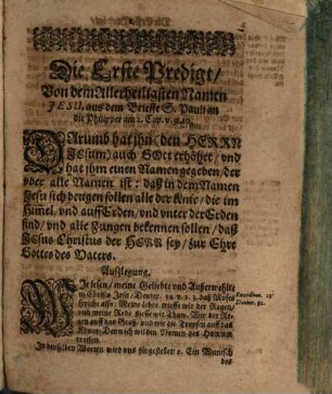 Jesus Nomen super omne nomen: Das ist: Der Großmächtige, herrliche, Wunderbare, Hochgelobte, Heilsame, holdselige, Trostreiche Name Jesus, Ein Name uber alle Namen, Phil. 2. v. 9. : Aus dem grund Göttliches Worts, und der heiligen rechtgläubigen Altväter, insonderheit Augustini, Bernhardi, Anshelmi, Lutheri, auch vieler anderer Lehr und Trostreichen Schrifften In Eilff unterschiedlichen Predigten erkläret und außgelegt, Und dann Dreyhundert Acrostiche, das ist, kurtze Symbola, Merck-Sprüche und Reim-Gebetlein, deren jedes Wort oder Reim von dem Buchstaben des Namens Jesu anfähet. Item, Zwo andächtige Litanien, und ein güldenes ABC. alles auff den Namen Jesu gerichtet: Und in Druck gegeben