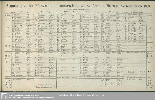 Stundenplan der Fürsten- und Landesschule zu St. Afra in Meissen, Sommersemester 1880