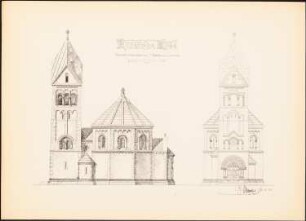 Romanische Kirche: Ansicht, Seitenansicht (aus: Drucke von Seminararbeiten der Königlich Technischen Hochschule Berlin, Bd. I)