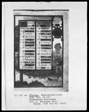 Flämisches Gebetbuch mit Kalender — Kalenderseite Juli mit Monatsbild und Tierkreiszeichen, Folio 4recto