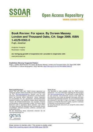 Book Review: For space. By Doreen Massey. London and Thousand Oaks, CA: Sage 2005. ISBN 1-4129-0361-0