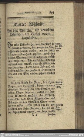 Vierter Abschnitt. Von den Mitteln, die verlohrne Gesundheit des Viehes wieder herzustellen