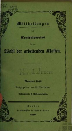 Mittheilungen des Centralvereins für das Wohl der Arbeitenden Klassen. 9. 1850