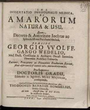 Dissertatio Inauguralis Medica, De Amarorum Natura & Usu