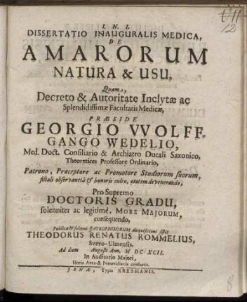 Dissertatio Inauguralis Medica, De Amarorum Natura & Usu