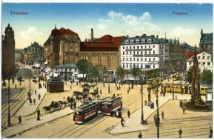 Dresden. Postplatz mit Modehaus Bernhardt und Straßenbahnen