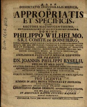 Dissertatio Inauguralis Medica, De Appropriatis Et Specificis