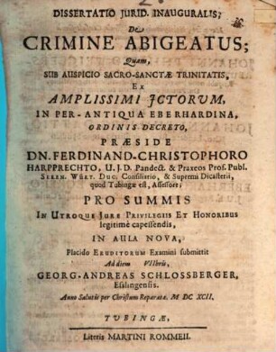Dissertatio Iurid. Inauguralis, De Crimine Abigeatus