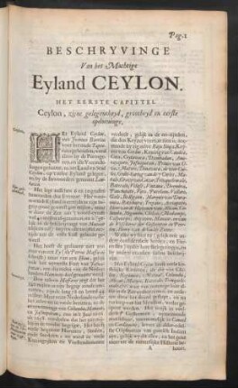 Het eerste capittel. Ceylon, zijne gelegentheyd, grootheyd en eerste opdoeninge