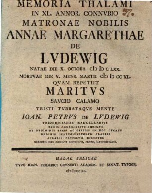 Memoria thalami in XL. annorum connubio matronae nob. Annae Margarethae de Ludewig
