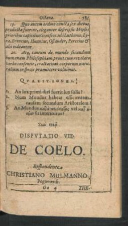 Disputatio VIII. De Coelo. Respondente Christiano Mulmanno