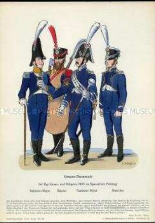 Uniformdarstellung, Adjutant-Major, Sappeur, Tambour-Major und Musiker des Infanterie-Regiments, Großherzogtum Hessen-Darmstadt, 1810.