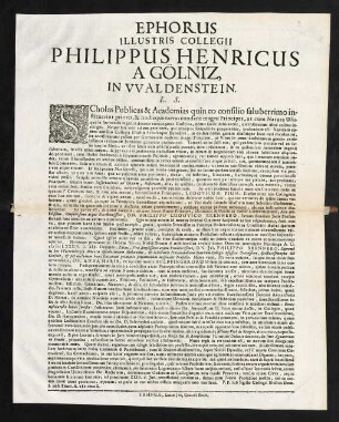 Ephorus Illustris Collegii Philippus Henricus A Goellniz, In Waldenstein, L. S. P. D.