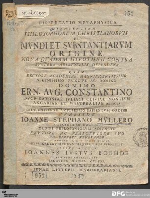 Dissertatio Metaphysica Sententiam Philosophorvm Christianorvm De Mvndi Et Substantiarvm Origine Nova Qvadam Hypothesi Contra Systema Aristotelis Defendens