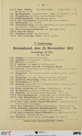 V. Auktionstag: Sonnabend, den 12. November 1921 (Nr. 1168-1425)