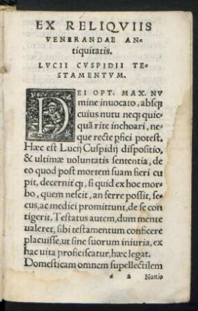 Ex Reliquiis Venerandae Antiquitatis. Lucii Cuspidii Testamentum.