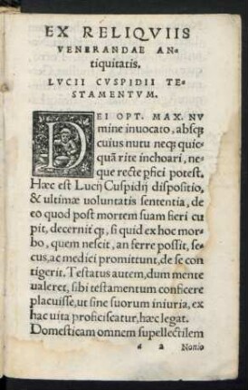 Ex Reliquiis Venerandae Antiquitatis. Lucii Cuspidii Testamentum.