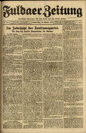 Erste Ausgabe vom Donnerstag, den 28. Oktober 1920.