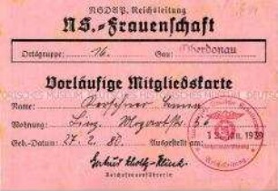 Vorläufige Mitgliedskarte der NS-Frauenschaft von Emma Derschner