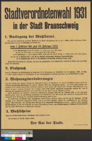 Bekanntmachung des Rates der Stadt Braunschweig über die Wahl der Stadtverordneten am 1. März 1931