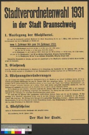 Bekanntmachung des Rates der Stadt Braunschweig über                                         die Wahl der Stadtverordneten am 1. März 1931