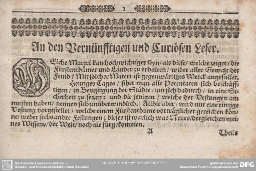 An den Vernünfftigen Und Curiosen Leser.