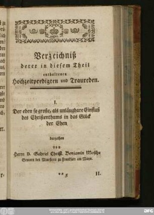 Verzeichniß derer in diesem Theil enthaltenen Hochzeitpredigten und Traureden.