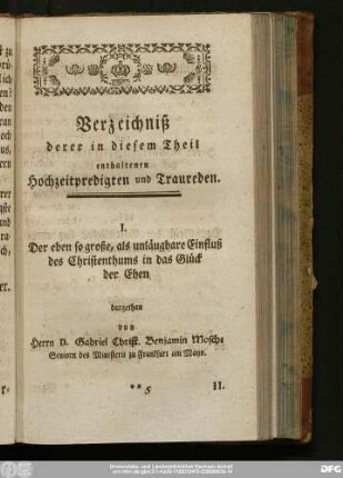 Verzeichniß derer in diesem Theil enthaltenen Hochzeitpredigten und Traureden.