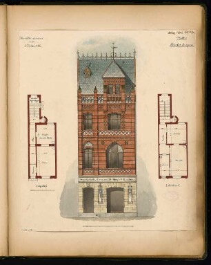 Eingebautes Wohnhaus Monatskonkurrenz März 1882: Grundriss Erdgeschoss, 1. Obergeschoss, Aufriss Straßenansicht; 2 Maßstabsleisten