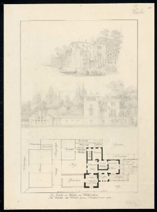 Oberförsterei Monatskonkurrenz August 1834: Grundriss Erdgeschoss, Aufriss Vorderansicht, perspektivische Ansicht; Maßstabsleiste