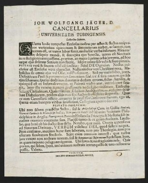 Joh. Wolfgang. Jäger, D. Cancellarius Universitatis Tubingensis. Lectoribus Salutem