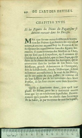 Chapitre XVIII. Si les Figures des Dieux du Paganisme se doivent recevoir dans les Devises.