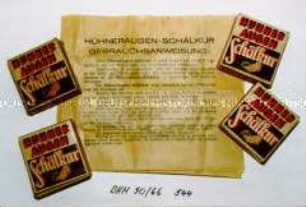 Dosen mit "Hühneraugen Schälkur" in Originalverpackung, mit Beipackzettel