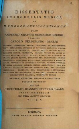 Diss. inaug. med. de hydrope articulationum