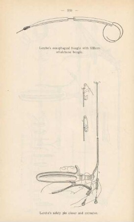 Lerche's oesophageal bougie with filiform whalebone bougie ; Lerche's safety pin closer and extractor