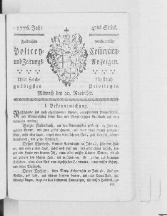 47tes Stück, Ausgabe vom 20. November 1776