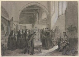 Hans Memling präsentiert den Vorstehern und Schwestern des Sint-Jans-Hospitaal zu Brügge seinen Ursula-Schrein