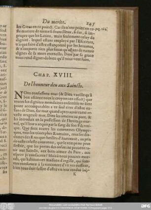 Chap. XVIII. De l'honneur deu aux Saincts.