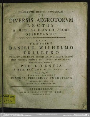 Dissertatio Medica Inauguralis De Diversis Aegrotorum Lectis A Medico Clinico Probe Observandis