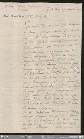 Eigenh. Brief von Friedrich Creuzer an August Wilhelm von Schlegel, Heidelberg, 10.04.1809