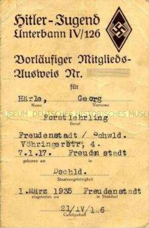Vorläufiger Mitglieds-Ausweis der Hitler-Jugend für Georg Härle