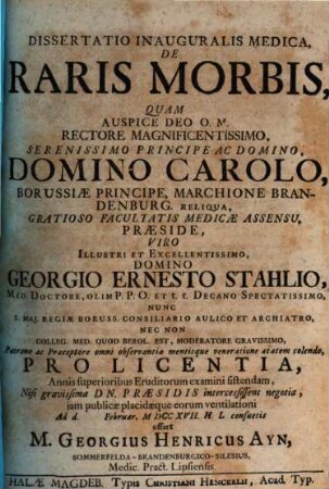 Dissertatio Inauguralis Medica, De Raris Morbis