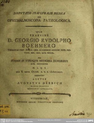 Disputatio Inauguralis Medica De Ophthalmoscopia Pathologica