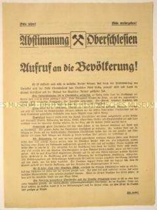 Prodeutscher Wahlaufruf der vereinigten Verbände heimattreuer Oberschlesier und des Deutschen Schutzbundes an die Berliner anlässlich der Volksabstimmung über den Verbleib von Oberschlesien