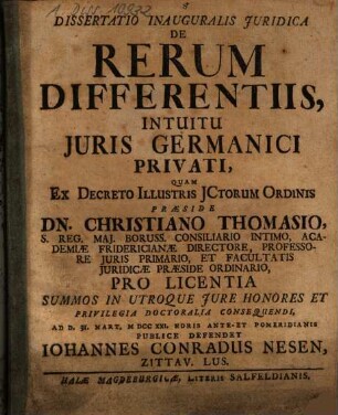 Dissertatio Inauguralis Iuridica De Rerum Differentiis, Intuitu Iuris Germanici Privati